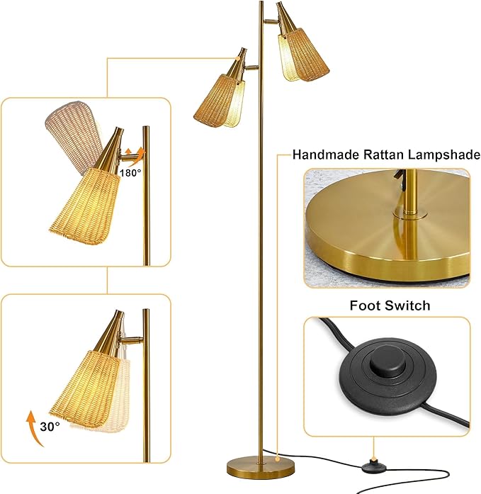 61" Modern Gold Floor Tree Lamp with 2 Light Source Standing Tall Pole Lamps with Foot Switch for Living Rooms, Bedrooms, Home, Office