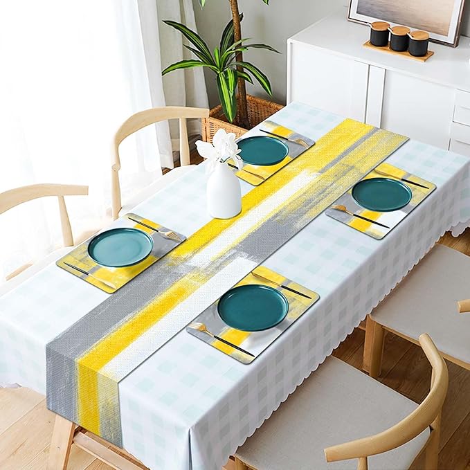 Mcalk Yellow Table Runner and Placemats Set of 6 Pieces, Modern Grey Placemats, Abstract Cloth Place Mats Indoor for Kitchen,Washable Linen Material for Dining Table