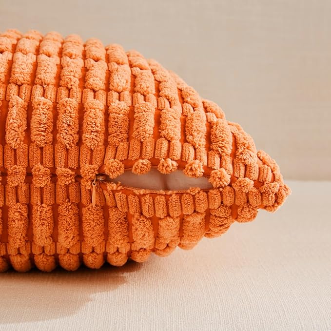 Fancy Homi 4 Packs Orange Fall Decorative Throw Pillow Covers 26x26 Inch for Couch Living Room Bed Sofa, Halloween Pumpkin Autumn Home Decor, Soft Cute Plush Corduroy Striped Cushion Case 66x66 CM