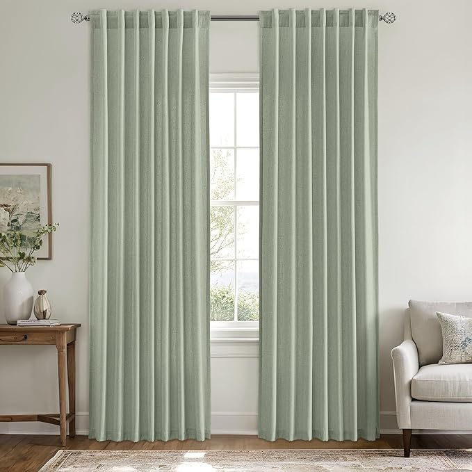 MIULEE Non-See-Through Privacy Linen Curtains 2 Panels, Sage Green Light Filtering Window Curtains 72 Inches Long, Farmhouse Textured Back Tab Semi Sheer Drapes for Bedroom Living Room, Light Green