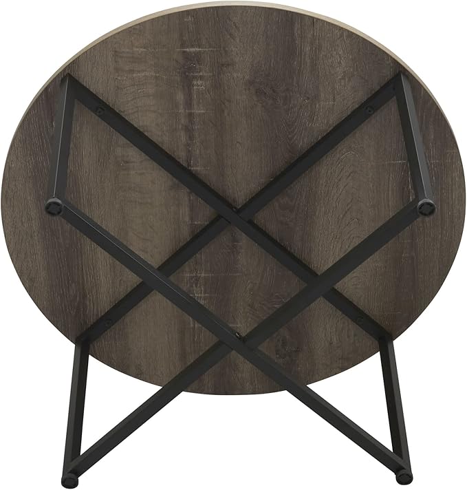Household Essentials Jamestown Round Coffee Table Ashwood Rustic Wood Grain and Black Metal 31.5 x 31.5, Taupe