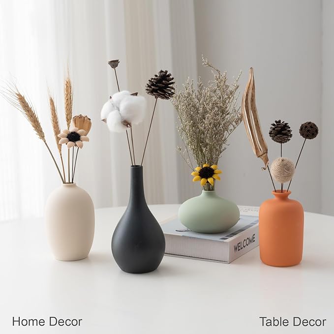 Small Matte Ceramic Vase Set of 4 - Rustic Farmhouse Decorative Vases for Shelf,Office, Home & Bohemian Style - Modern Decor Design Living Room, Table, Mantel,Colorful Unique Flower Vases