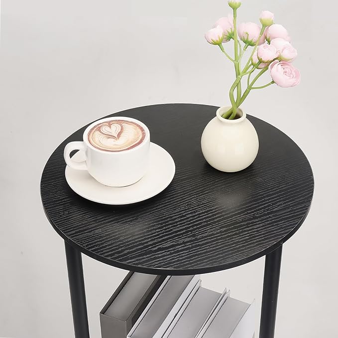 Round Side Table Set of 2, 2-Tier End Table, Small Round Nightstands with Storage Shelf, Modern Accent/Coffee/Bedside Table for Living Room, Bedroom-Black