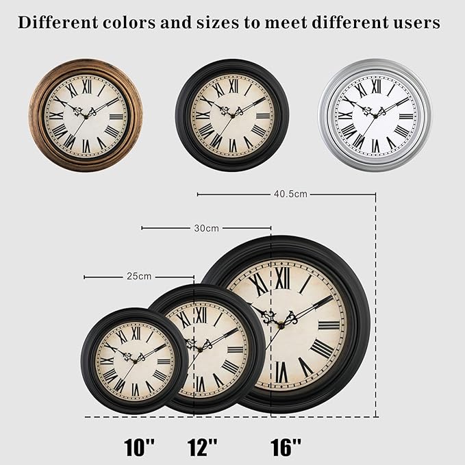 Plumeet Retro Wall Clock, 12'' Non Ticking Classic Silent Vintage Wall Clocks Decorative Kitchen Living Room Bedroom, Roman Numerals, Battery Operated, Black