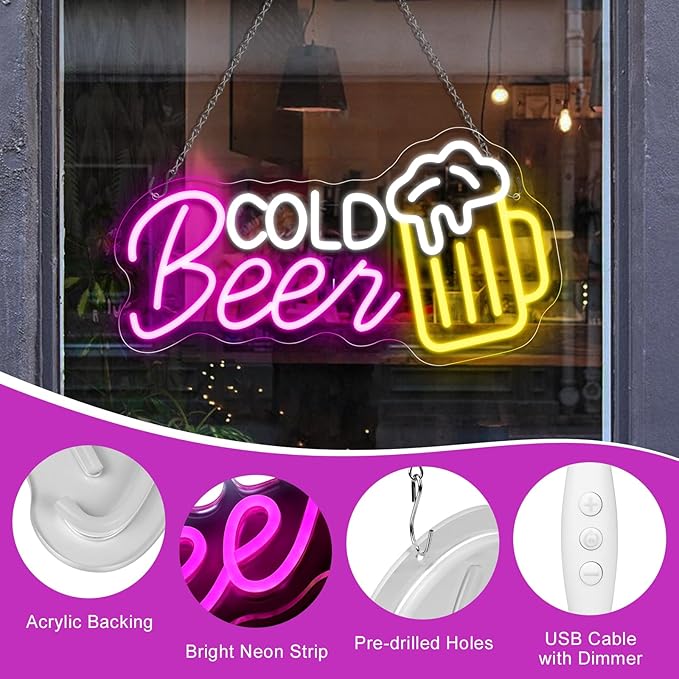 Cold Beer Neon Signs for Wall Decor, 16.5"X 9" Dimmable LED Neon Sign Powered by USB with ON/OFF Switch, Bright High Visibility Light Up Neon Signs for Home Beer Club Party Gift
