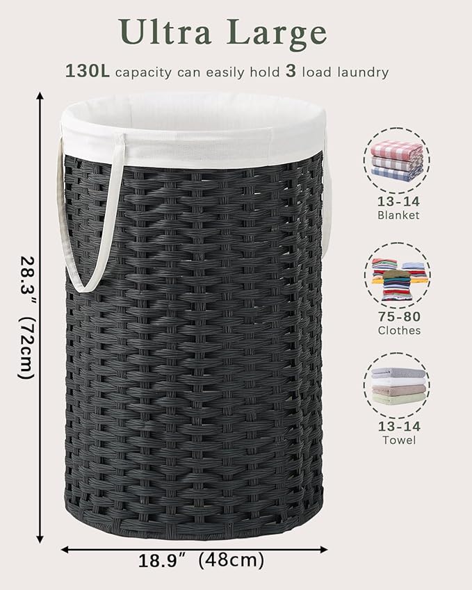 Large Laundry Hamper Laundry Basket Round 34.3 Gal (130 L) Handwoven Wicker Laundry Baskets Rattan Laundry Basket with Removable Bag Handles 2 Mesh Bags for Living Room Bedroom Black