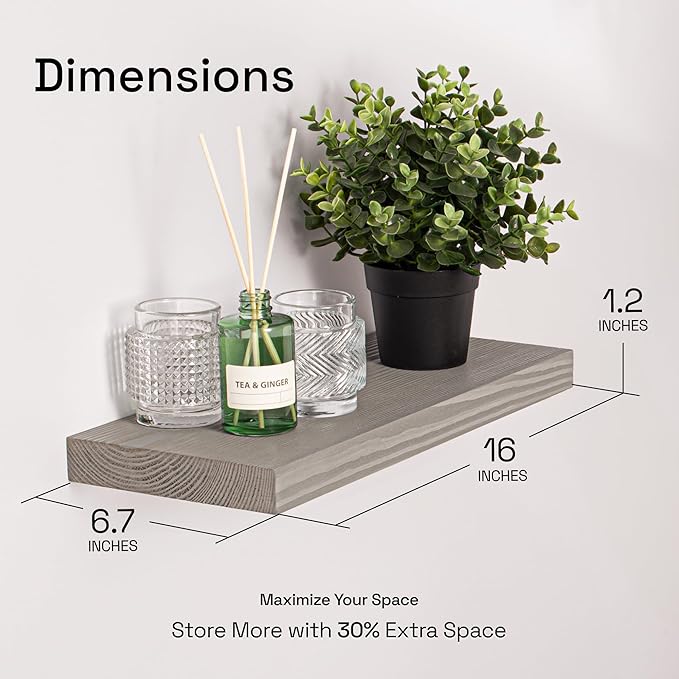 BAOBAB WORKSHOP Wood Floating Shelves for Wall - Rustic Shelf 16 inch - Grey Bathroom Shelves - Solid Wood Shelves for Wall for Bedroom Kitchen Living Room - Gray Shelves - 16 x 6.7 Inch, Set of 2