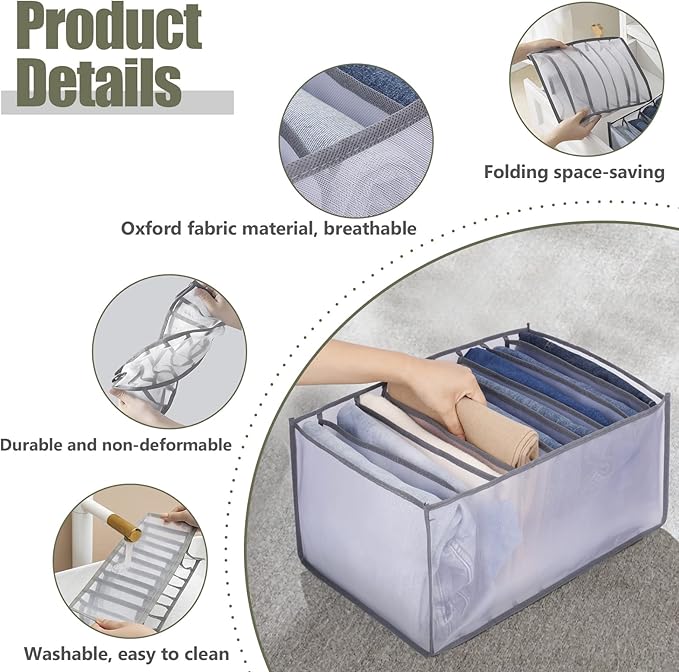 TOOVREN Upgraded Jeans Organizer for Closet, Wardrobe Clothes Storage, Mesh Foldable Compartment for Pants, Leggings, 2 Pack, Large 7 Grids