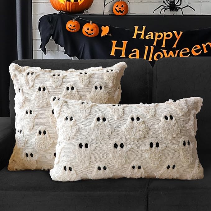 4TH Emotion Halloween Ghost Decorative Lumbar Pillow Covers 12x20 Set of 2, Beige Soft Plush Faux Fur Farmhouse Throw Cushion Cases for Fall Autumn Holiday Home Decorations