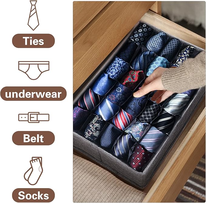 PINGMIC Gray Sock Organizer Divider 2 Pack with Lid - 30 Cell Foldable Closet Storage, Tie Organizer For Men Boxes for Socks, Ties, Belts 0