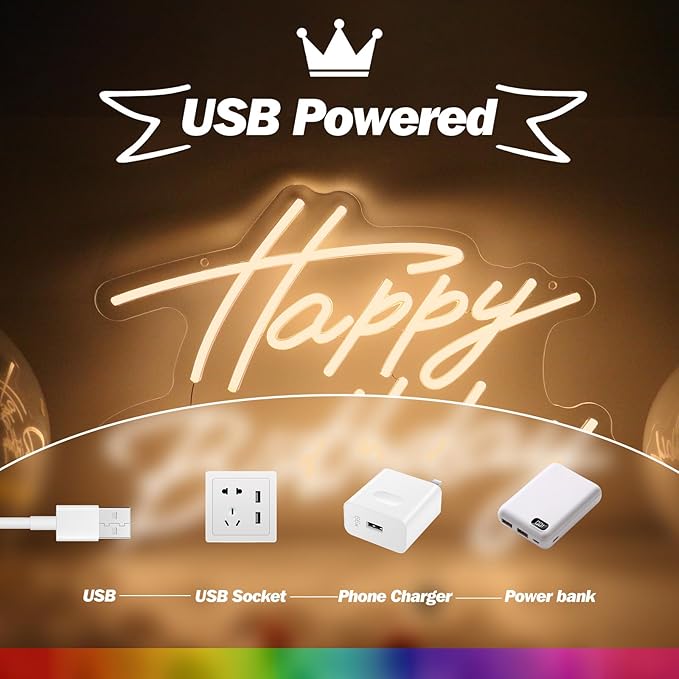 Goneons Happy Birthday Neon Sign for Wall Decor, Happy Birthday Led Sign for Backdrop with Dimmable Switch, USB Powered LED Happy Birthday Sign for Biryhday Party Decoration(Warm White,16.5" × 12.2")