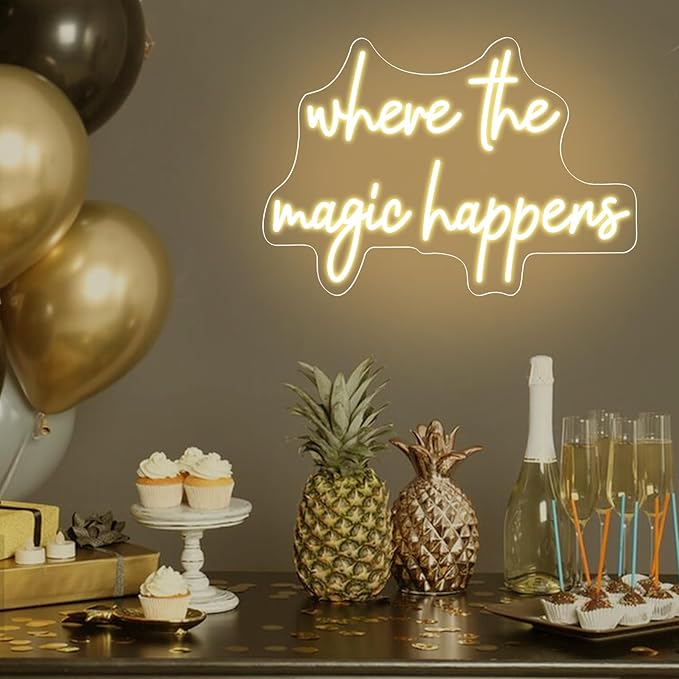 Where The Magic Happens Neon Sign Led Light Up Signs for Wall Decor USB Powered Letter Neon Light Signs for Bedroom Wedding Decor Birthday Party Shop Bar Man Cave 16 x 9.6''(Warm White)
