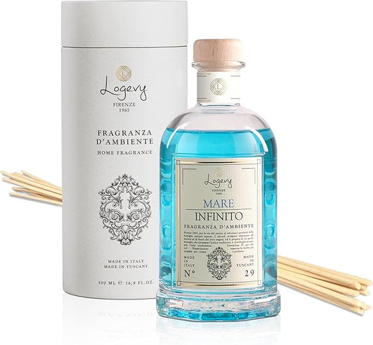 Logevy Firenze 1965 Mare Infinito – Infinite Sea Luxury Home Fragrance Diffuser from Master Perfumer in Italy with Refreshing Notes in Elegant Glass Bottle with 12 Natural Bamboo Reeds – 500ml