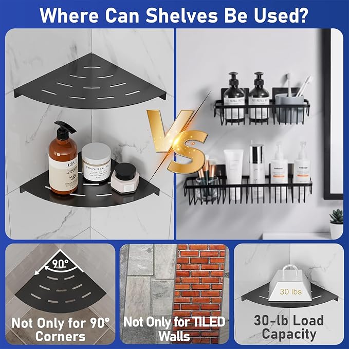 2 Pack Corner Shower Shelves 304 Stainless Steel Matte Black Corner Shower Shelf 8in Shower Shelves Drilling Installation