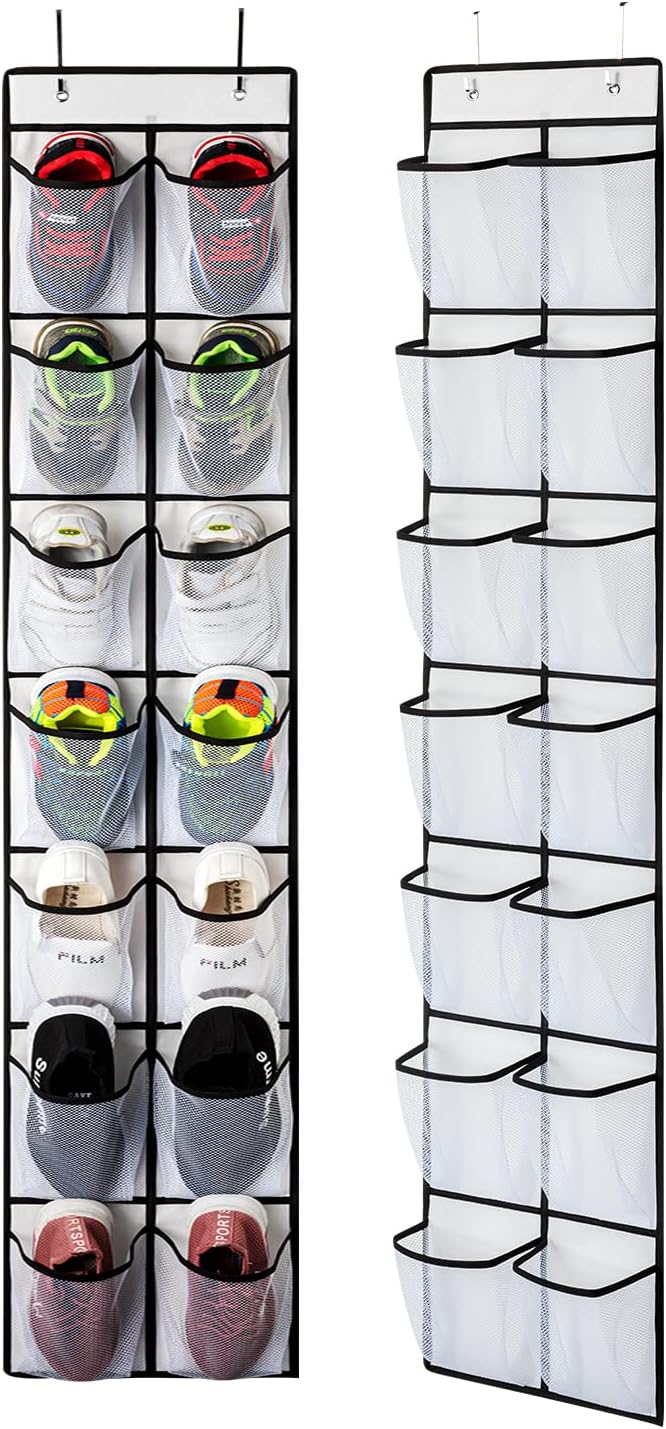 KEEPJOY Over the Door Shoe Organizer, Hanging Shoe Organizer with 4 Hooks, Shoe Holder with 14 Mesh Pockets Closet Door Shoe Storage Bag (White-2Pack)