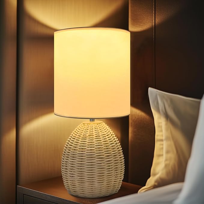 Boho Rattan Table Lamp Bedside - 3 Color Temperature Handmade Bamboo Woven Lamp for Nightstand Living Room (Original Color, 1 Pack)