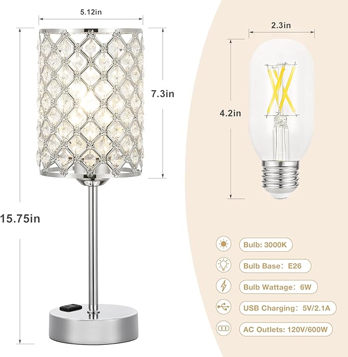 Hong-in Crystal Table Lamp, Crystal Lamp Touch Control with USB-C USB-A Charging Ports & AC Outlets, 3 Way Dimmable Bedside Lamp-Nightstand Lamp Modern Light for Bedroom, Living Room, Bulb Included
