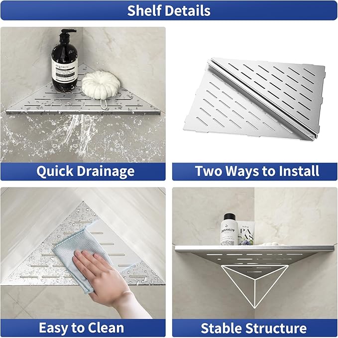 Corner Shower Shelf, 12" Brushed 304 Stainless Steel Slot Design Recessed Corner Shelves 2 Pack Bathroom Shelf Rack for Tiled Wall, Large Size