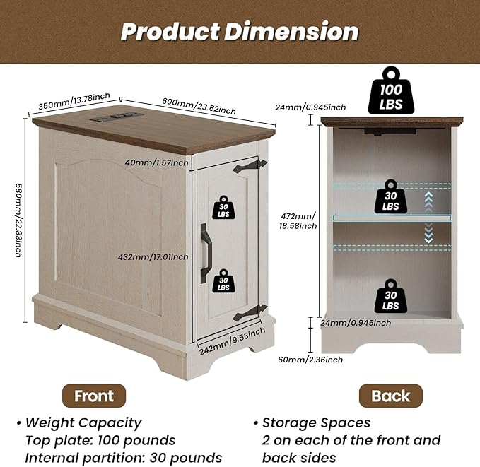 Narrow End Table with Storage, Farmhouse Side Table with Power Outlets & USB Ports, Small Night Stand for Living Room, for Bedroom, Living Room (Wood Door, White & Espresso)