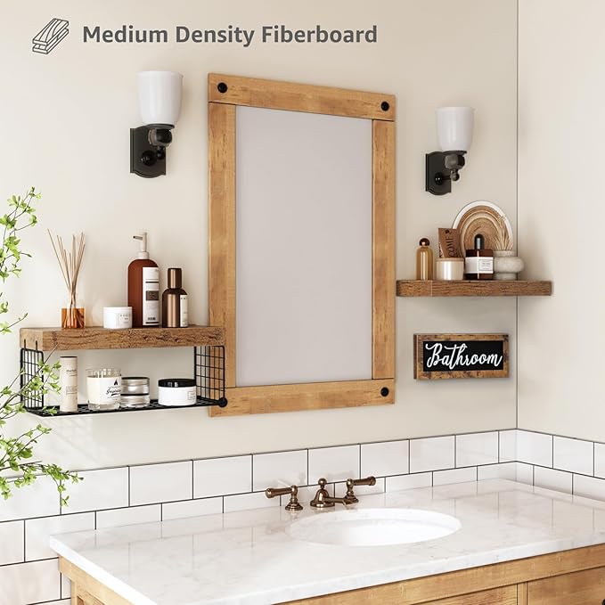 QEEIG Bathroom Shelves Over Toilet - Paper Storage Wall Mounted Farmhouse Decor Decorations Aesthetic Décor Sign Small Floating Shelf 2+1 Set 16 inch, Rustic Brown (020BN)