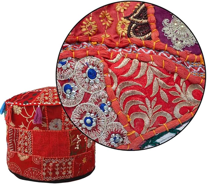 Aakriti Gallery Indian Pouf Footstool Ethnic Embroidered Pouf Cover - Round Ottoman Pouffe - Red, 18x13