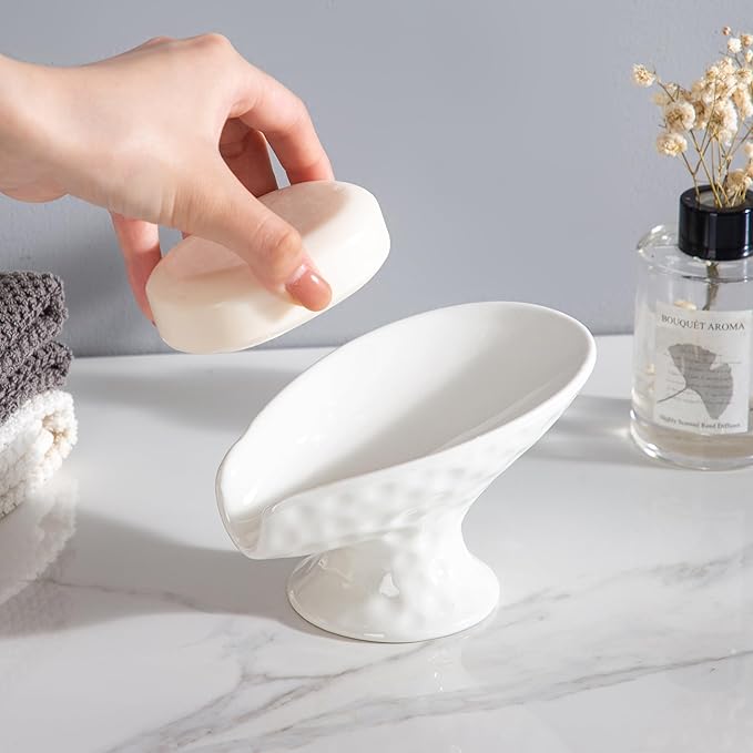 Self Draining Soap Dish,Soap Bar Holder for Shower,White Ceramic Soap Dishes for Bathroom Kitchen Shower Keeps Soap Dry, Easy to Clean(Gloss White)