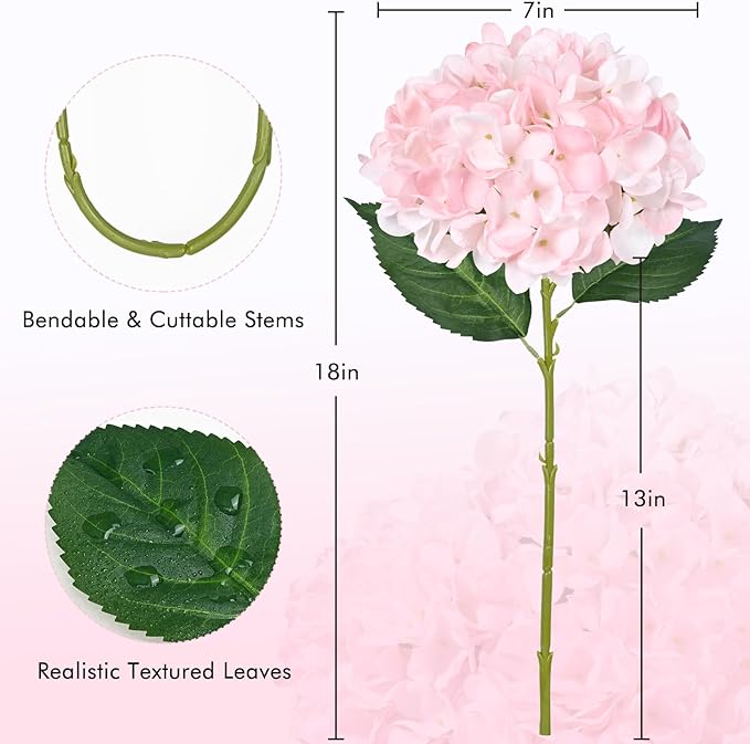 BLEUM CADE 8 Pcs Pink Hydrangea Artificial Flowers with Realistic Stems, 18In Large Fake Pink Flowers, Faux Flower for Home Party Decor Outdoor Wedding Bouquets Table Centerpieces Decoration