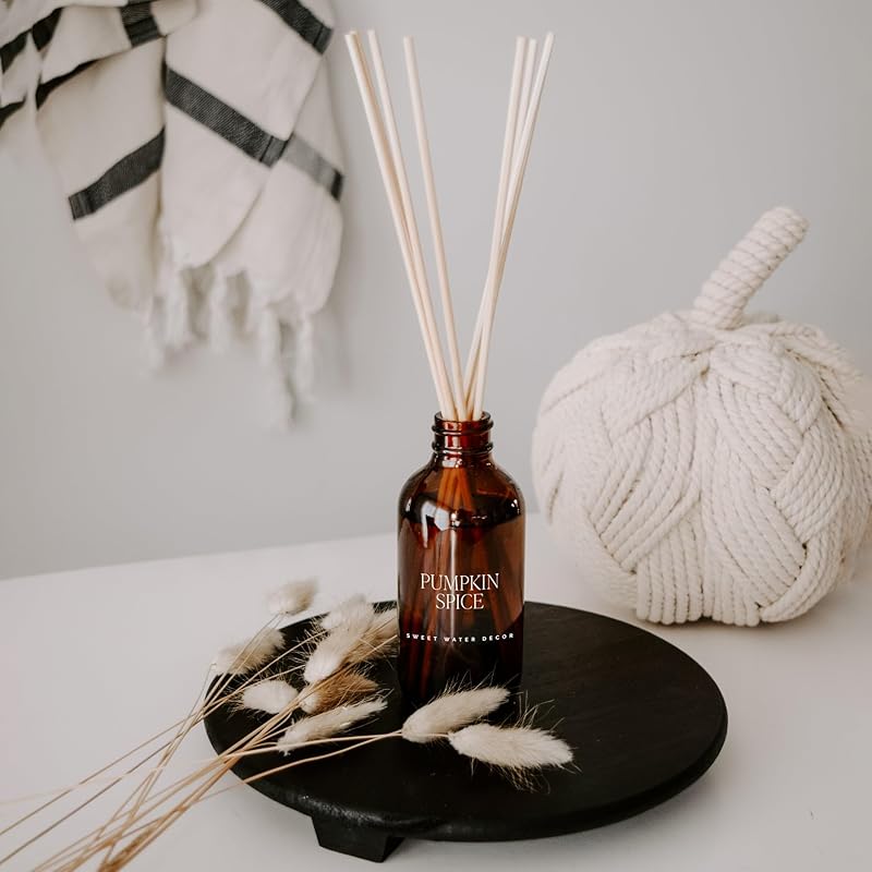 Sweet Water Decor Pumpkin Spice Reed Diffuser Set for Home - Pumpkin, Cloves, Cinnamon, Vanilla Scented Reed Diffusers for Fall - Air Freshener Lasts 4+ Months, Made in the USA