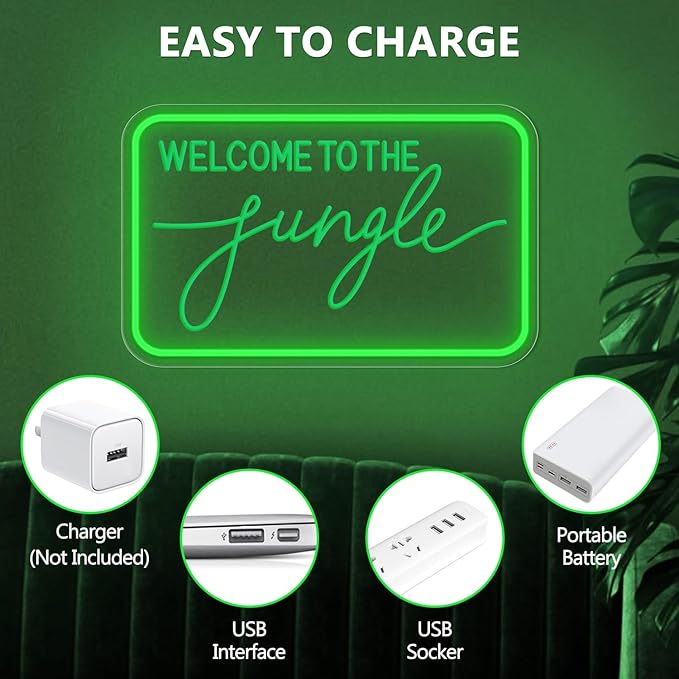 Welcome to The Jungle Neon Sign for Wall Decor, LED Neon Lights Party Decorations, USB Powered Switch Adjustable Brightness LED Neon Lights, for Office Room, Gym Room, Man Cave Decor