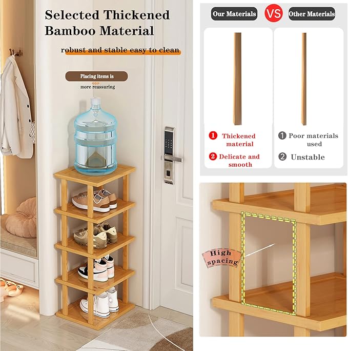 Bamboo Shoe Rack 3Tier- Vertical Shoe Rack for Small Spaces, Tall Narrow Shoe Rack Organizer for Closet Entryway Corner Garage and Bedroom,Skinny Shoe Shelf with Free Stackable DIY