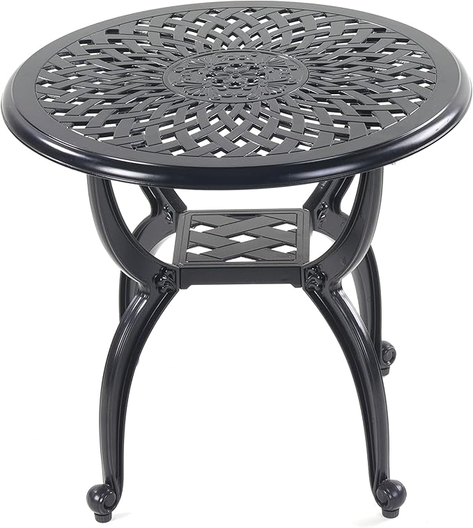 Mandolin Outdoor Patio,Rust -Resistant Cast Aluminum Side Table,Weather Resistant End Table,Coffee Table, Perfect for Patio, Backyard Or Garden.W 20.8" X H18.5(Aluminum Round, Black)