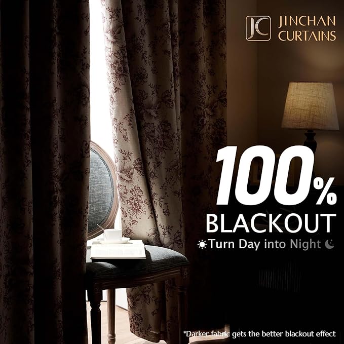jinchan Blackout Linen Blend Curtain Floral Blackout Curtains for Living Room 90 Inch Length Brick Red Printed with Lined Blackout Curtain for Bedroom Farmhouse Curtains Set 2 Panels