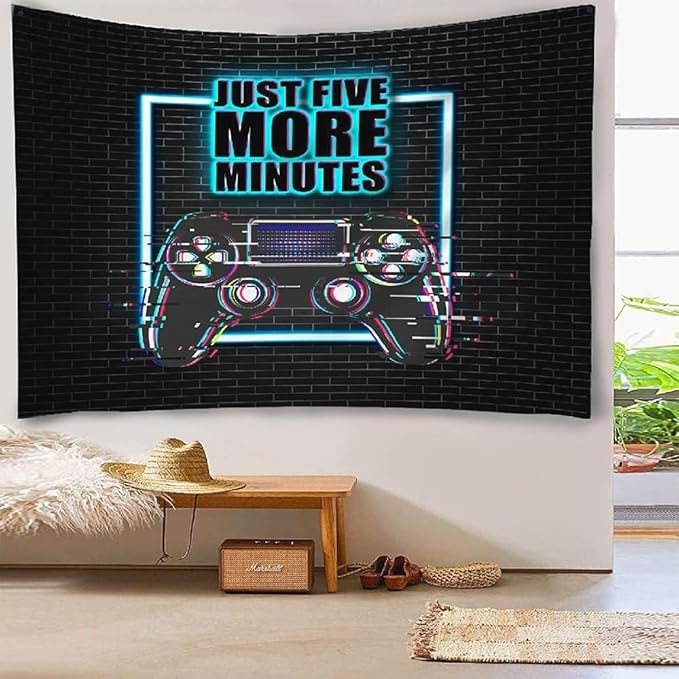 Gaming Tapestry Gaming Room Decor Wall Hanging JUST FIVE MORE MINUTES Cool Neon Blacklight Tapestries Conceptual Abstraction Modern Controller for Men Adults Teen Boys Bedroom Accessories 80x60 Inches