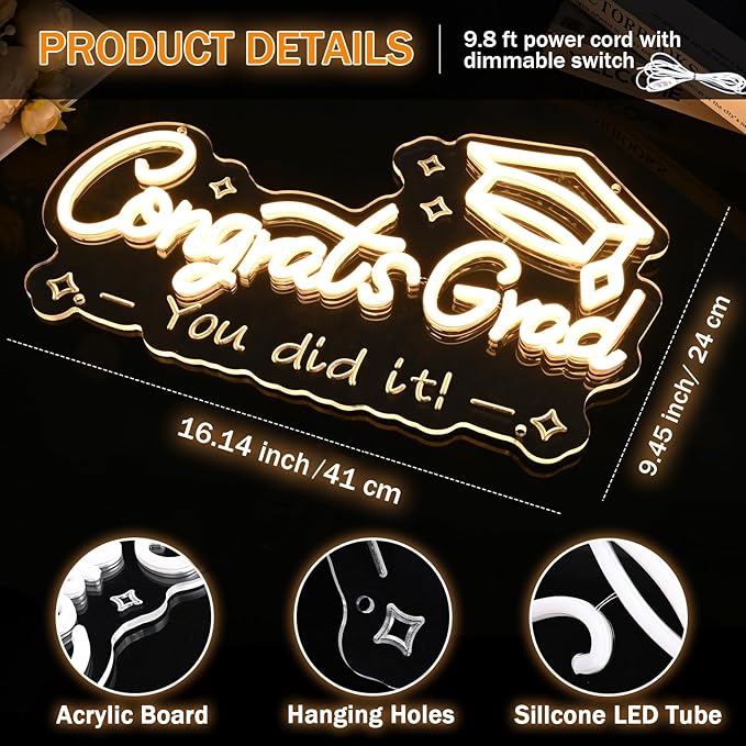 FRAMICS Congrats Grad Neon Sign-10 Adjustable Brightness Graduation Decorations 2025 Warm White LED Graduation Sign for Wall Decor Party Backdrop Gifts Lighted Congrats Grad Sign with Text Carving