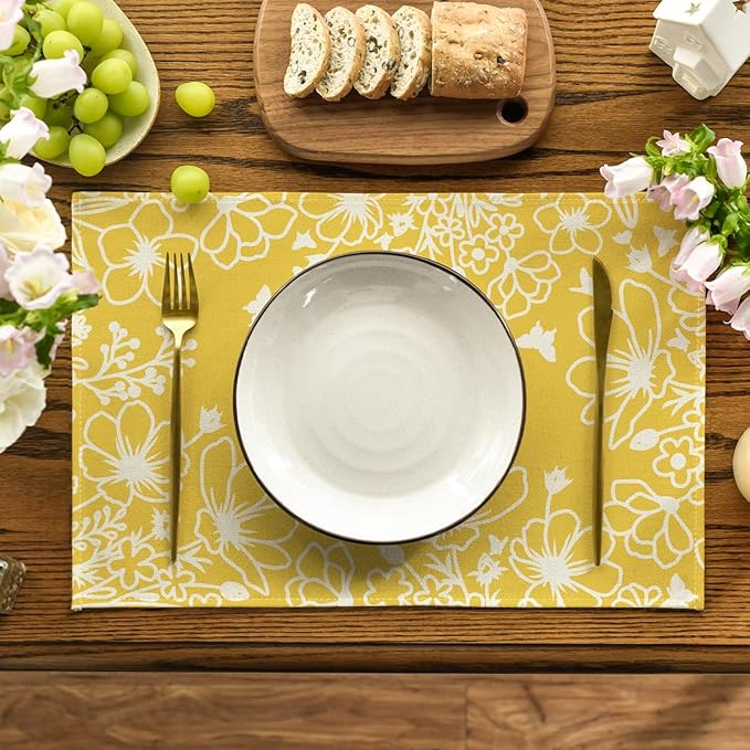 Artoid Mode Yellow Bloom Flowers Floral Spring Placemats Set of 4, 12x18 Inch Seasonal Summer Table Mats for Party Kitchen Dining Decoration