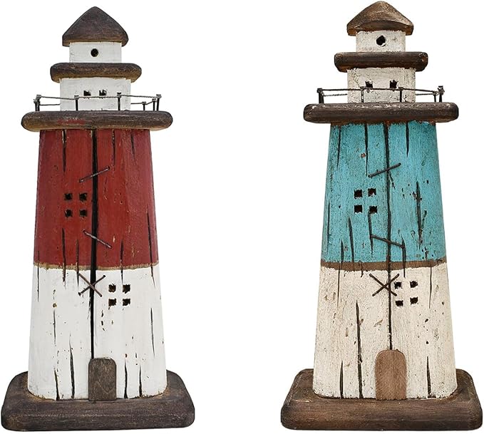 K KILIPES Beach Lighthouse for Bathroom Nautical Home Decor, Wood Lighthouse Table Decoration Coastal Centerpiece Hand Crafted Lighthouse Sculpture Ocean Decorations (Red/Blue, M)