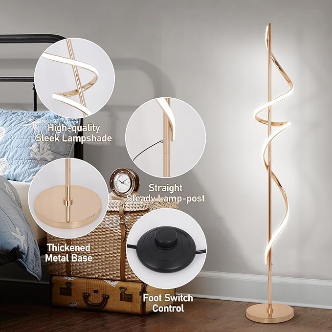 LED Floor Lamp for Living Room, 60 inches Spiral Floor Lamp with Remote Control, 48W, 3 Color Temperatures,Dimmable, for Bedroom, Office Gold