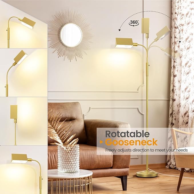 Stepless Dimmable Floor Lamp, Modern Reading Floor Lamp with Adjustable Metal Gooseneck, Standing Lamp for Living Room Bedroom Office Home Decor, 9W E26 Base Bulb Included(Gold)
