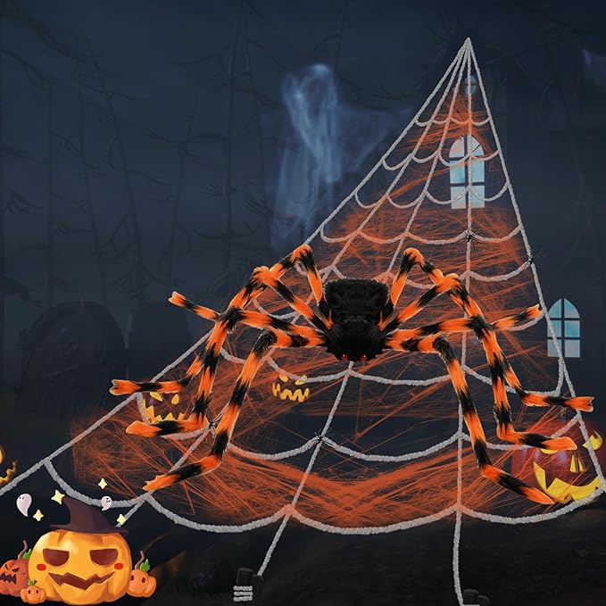 Halloween Spider Web and Giant Spiders Decorations Set Triangle Spider Web & Realistic Scary Fake Large Hairy Yellow Spider Props for Indoor/Outdoor Porch & Yard Parties Haunted House Halloween Décor
