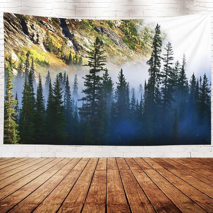 EMMTEEY Landscape Tapestry Wall Art - Fog and Pine Tree on Rugged Mountainside - 80x60cm