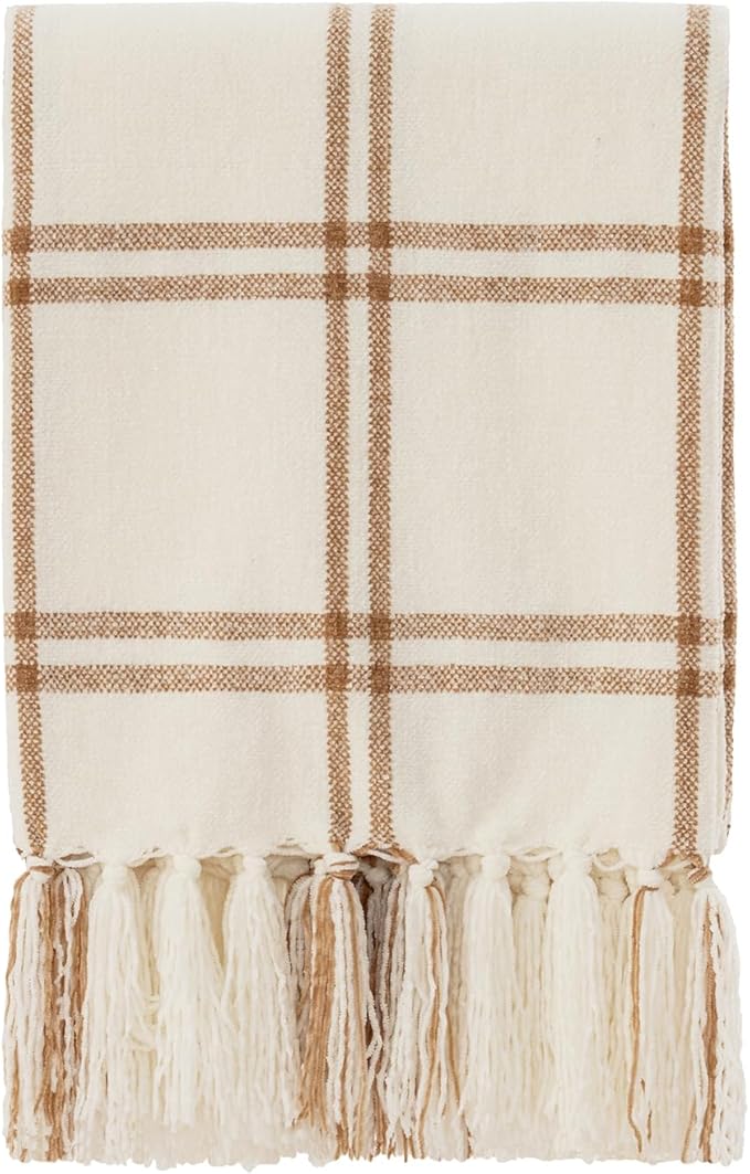 EVERGRACE Plaid Chenille Throw Blanket for Couch, Super Soft Cozy Decorative Windowpane Grid Plaid Throw with Tassels, Lightweight Chenille Knit Throw for Bed Sofa Gift, Cream & Beige 50"x60"
