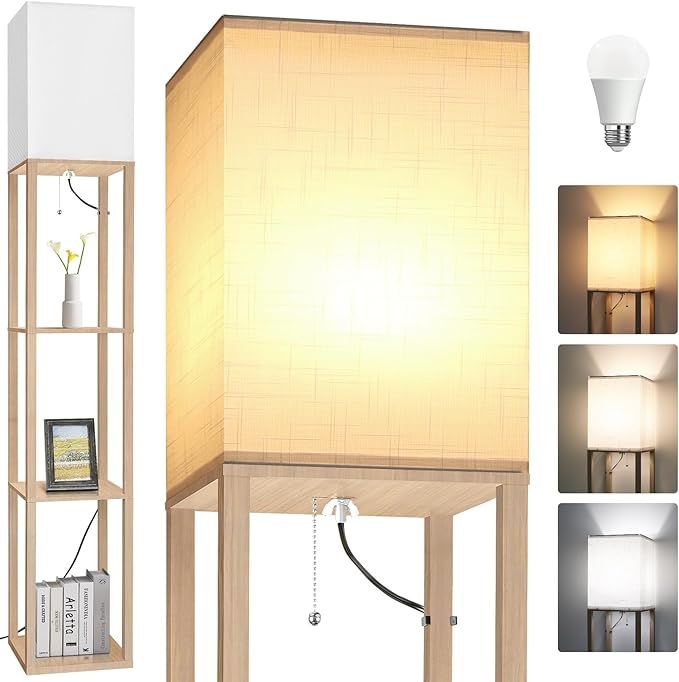 Dott Arts Floor Lamp with Shelves, Floor Lamps for Living Room Decor Display Shelf Lamps with 3 Color LED Bulb, Modern Floor Lamp for Bedroom Standing Lamp for Living Room Office,Home Decor(Burlywood)