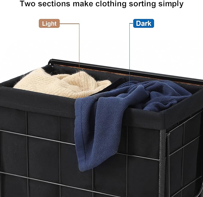 Laundry Hamper with Wood Lid and Divided Liner Bag; Durable Laundry Basket with Heavy Duty Rolling Lockable Wheels; Clothes Hamper with Removable Liner Bag; Laundry Sorter with Metal Handle (Black)