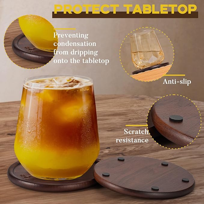 Wood Coasters with Metal Holder, GOH DODD Set of 8 Walnut Wooden Coaster Tabletop Protection for Drinks Coffee Table Home Kitchen Office Bar Living Room Decor Housewarming Gifts Wedding Party, 4 Inch