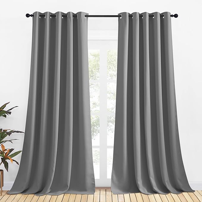 NICETOWN Silver Grey Blackout Curtain Panels for Bedroom, Thermal Insulated Grommet Top Blackout Draperies and Drapes for Basement (2 Panels, W70 x L95-inch)