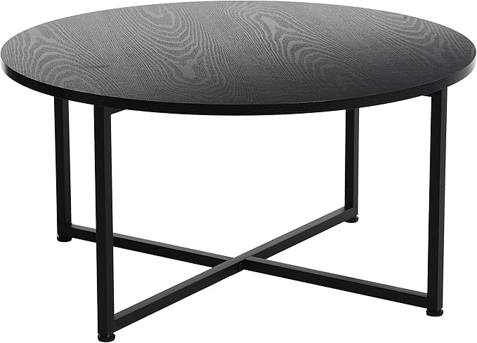 Household Essentials Jamestown Round Coffee Table Black Oak Wood Grain and Black Metal