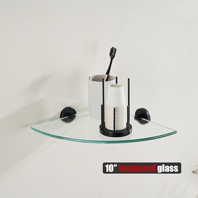 JQK Corner Glass Shelf Black, Bathroom 304 Stainless Steel Shower Triangle Floating Wall Shelf, 10 x 10 Tempered Glass, 2 Pack, TGS190L10-PB-P2