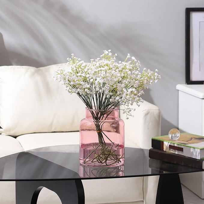 Large Glass Vase, 7 Inch Pink Glass Vase, Large Flower Vases for Bouquet, Wide Mouth Vases for Flowers, Home, Wedding, Living Room, Office Decor