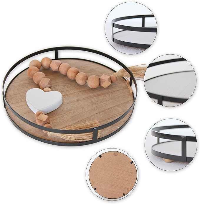 Defined Deco 12in Decorative Tray-Round Serving Tray with Metal Handle-Decorative Trays for Home Decor,Living Room Decor,Coffee Table Decor,Rustic Wooden Tray for Kitchen Table Decor,Dining Table.