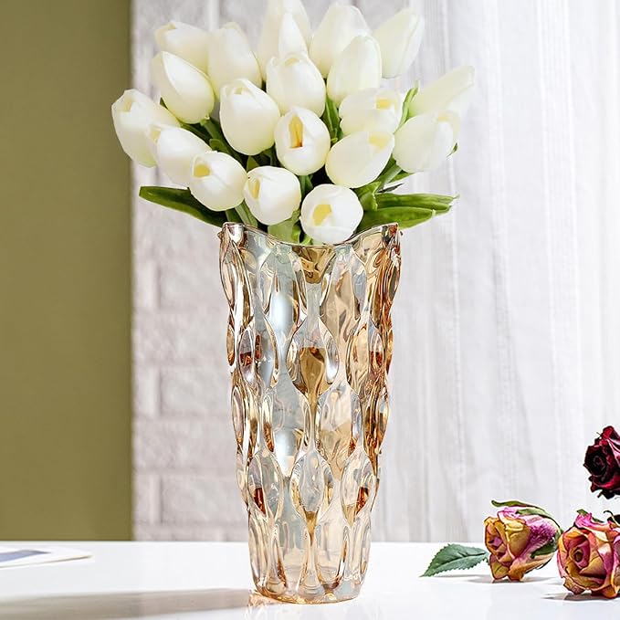 CEMABT Amber Glass Vase for Centerpieces, 9.4-inch Height, 5.1-inch Opening Width, 3.4 lbs Weight, Unbreakable, Suitable for All Kinds of Flowers, Modern and Elegant